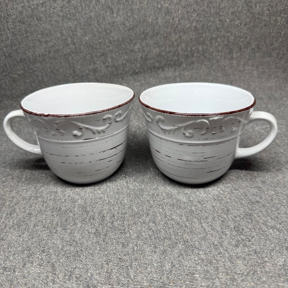 Pfaltzgraff Trellis White Coffee Mugs Set of 2 Stoneware Cups Embossed Farmhouse